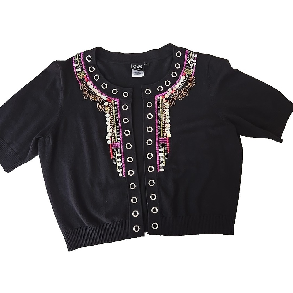 Sharon Young Black Embellished Cardigan Short Sleeve Beaded Grommet Sweater L‎